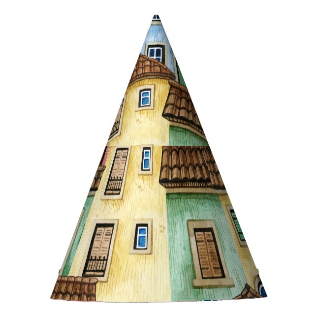 Lisbon Houses: Watercolor Funicular Pattern. Party Hat (Front)