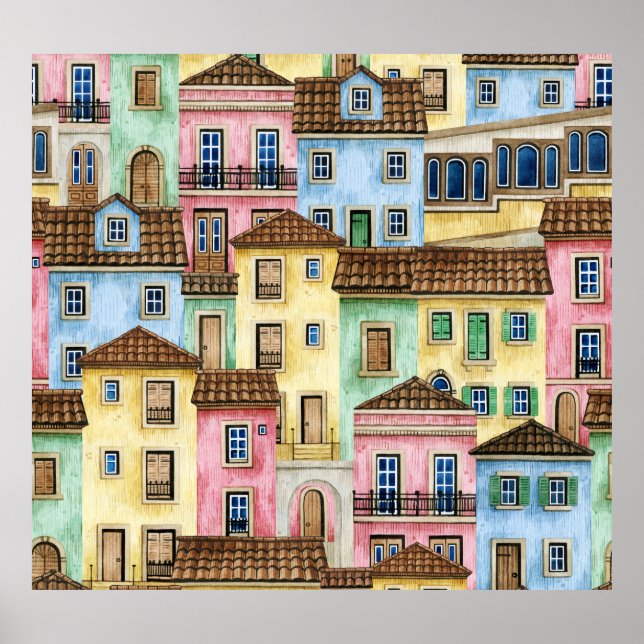 Lisbon Houses: Watercolor Funicular Pattern. Poster (Front)