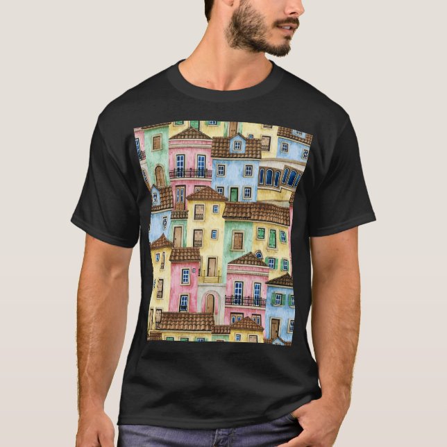 Lisbon Houses: Watercolor Funicular Pattern. T-Shirt (Front)