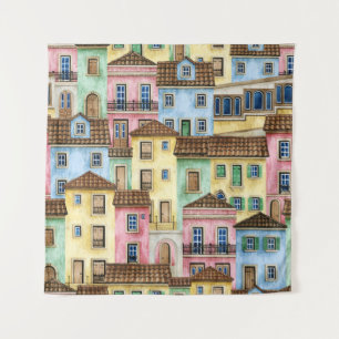 Lisbon Houses: Watercolor Funicular Pattern. Tapestry