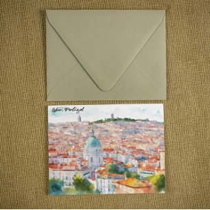 Lisbon Portgual Watercolor Panorama View City Card