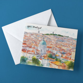 Lisbon Portgual Watercolor Panorama View Postcard
