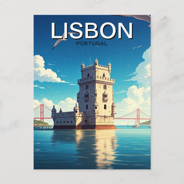 Lisbon Portugal Anime Style Belem Tower Travel Postcard (Front)