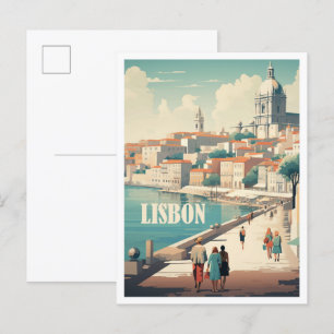 Lisbon Portugal Art Vintage Travel Illustration Postcard