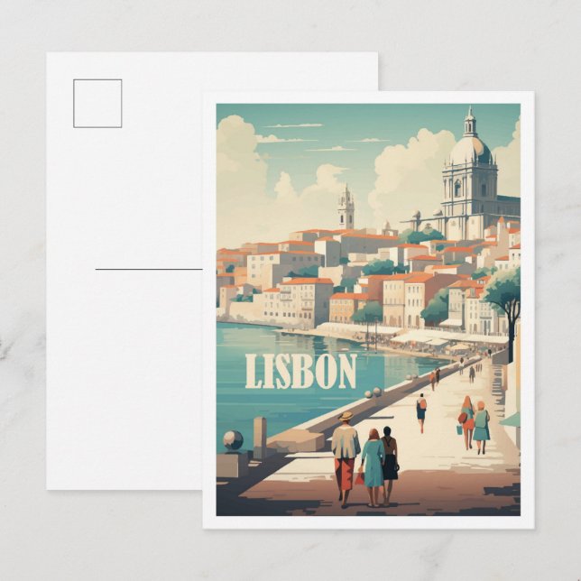 Lisbon Portugal Art Vintage Travel Illustration Postcard (Front/Back)