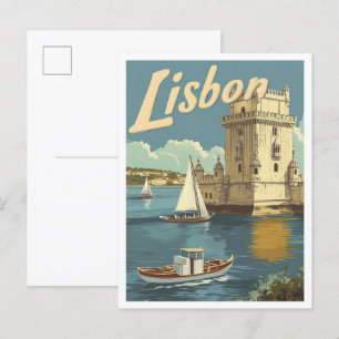 Lisbon Portugal Art Vintage Travel Illustration Postcard