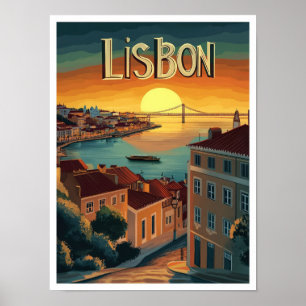 Lisbon Portugal Art Vintage Travel Illustration Poster