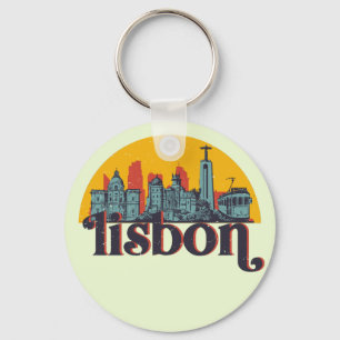 Lisbon Portugal City Skyline Retro Cityscape Art Keychain