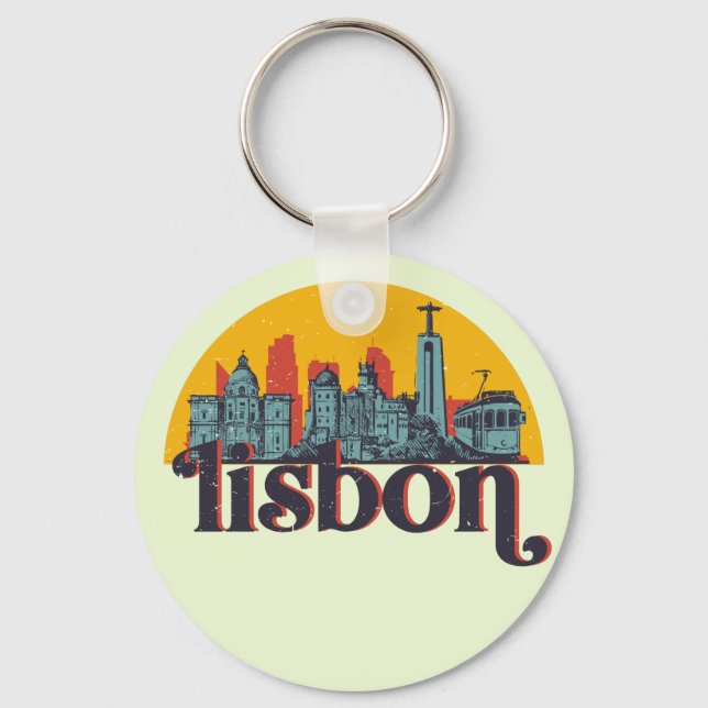 Lisbon Portugal City Skyline Retro Cityscape Art Keychain (Front)