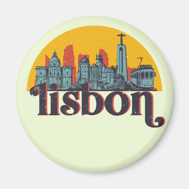 Lisbon Portugal City Skyline Retro Cityscape Art Magnet (Front)