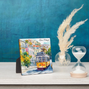 Lisbon Portugal Colorful Vintage Tram Scene Plaque