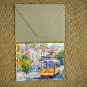 Lisbon Portugal Colorful Vintage Tram Scene Postcard
