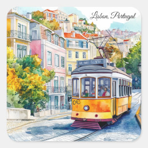 Lisbon Portugal Colorful Vintage Tram Scene Square Sticker