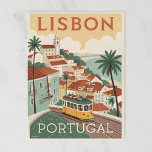 Lisbon, PORTUGAL Postcard<br><div class="desc">vector poster of Lisbon, featuring the Alfama district with red rooftops, narrow winding streets, and the classic yellow tram 28 riding down a hill. Include pastel buildings, tile textures (azulejos), and a few palm trees. Use flat colours like dusty orange, teal, and cream. Title: “LISBON” in bold vintage font at...</div>