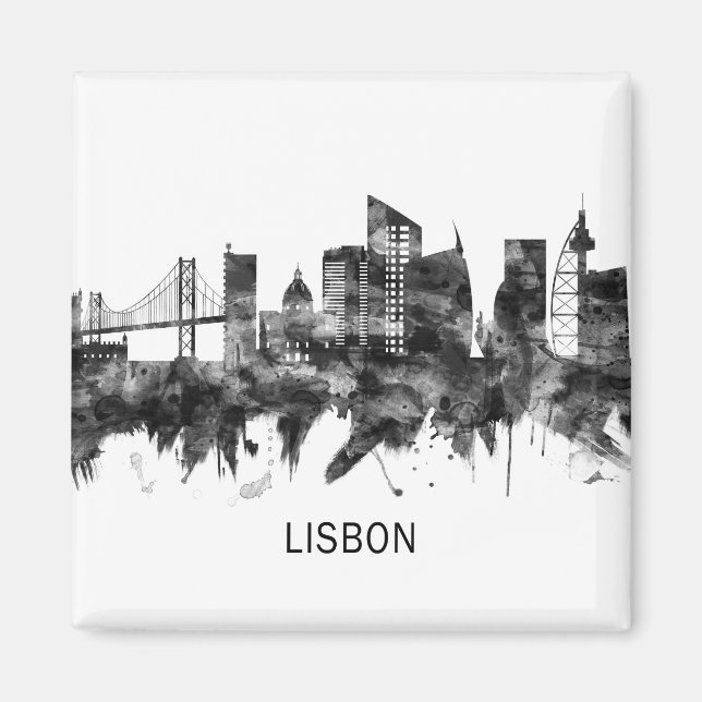 Lisbon Portugal Skyline BW Magnet (Front)