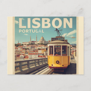 Lisbon Portugal skyline - Vintage tram Travel Art  Postcard