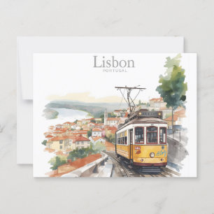 Lisbon Portugal skyline - Vintage tram Travel Art Postcard