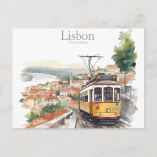 Lisbon Portugal skyline - Vintage tram Travel Art  Postcard