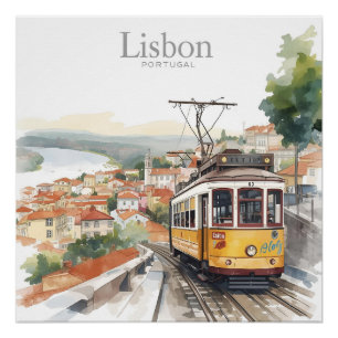 Lisbon Portugal skyline - Vintage tram Travel Art Poster