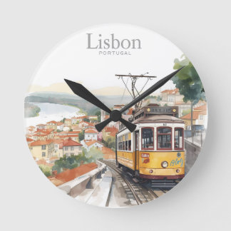 Lisbon Portugal skyline - Vintage tram Travel Art Round Clock
