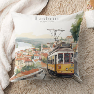 Lisbon Portugal skyline - Vintage tram Travel Art Throw Pillow