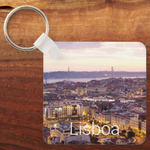Lisbon Portugal Sunset Skyline Vintage Cityscape Keychain