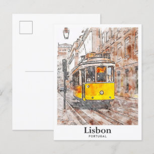 Lisbon Portugal Watercolor Hand Drawn Postcard