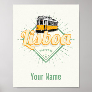 Lisbon Portugal with Retro Tram Vintage Holiday Poster