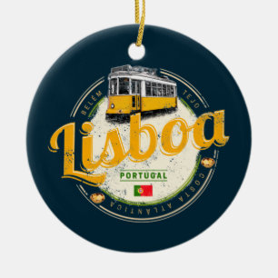 Lisbon Portugal with Retro Tram Vintage Souvenir L Ceramic Ornament