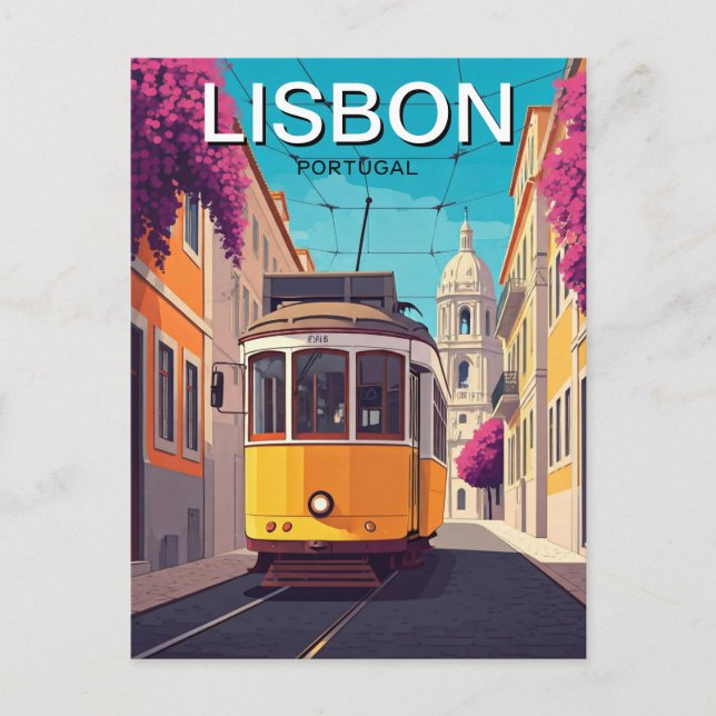 Lisbon Portugal Yellow Tram Romantic Anime Style Postcard (Front)