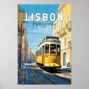 Lisbon Portugal Yellow Tram Travel Art Vintage Poster
