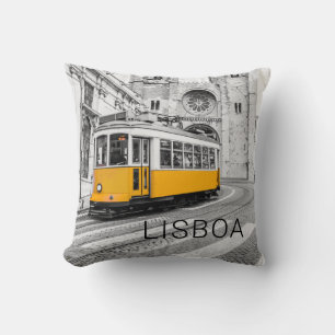 Lisbon Retro Tram Portugal Vintage Streetcar Throw Pillow