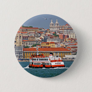 Lisbon skyline with old ferry on Tagus river  2 Inch Round Button