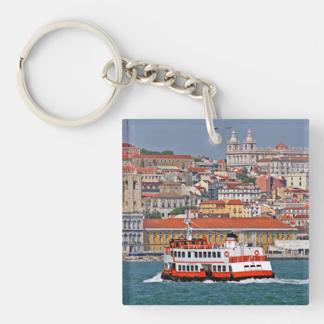 Lisbon skyline with old ferry on Tagus river Keychain (Front)