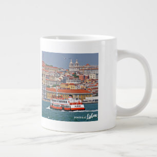 Lisbon skyline with old ferry on Tagus river Large Coffee Mug
