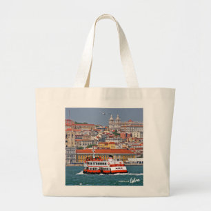 Lisbon skyline with old ferry on Tagus river Large Tote Bag
