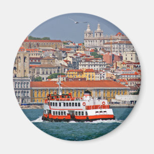 Lisbon skyline with old ferry on Tagus river  Magnet