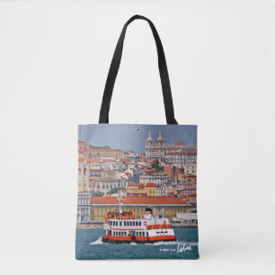 Lisbon skyline with old ferry on Tagus river Tote Bag