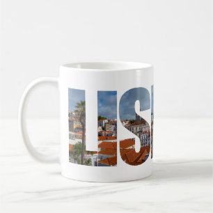 Lisbon text composed of old town panoramic view coffee mug