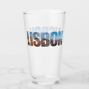 Lisbon text composed of old town panoramic view glass