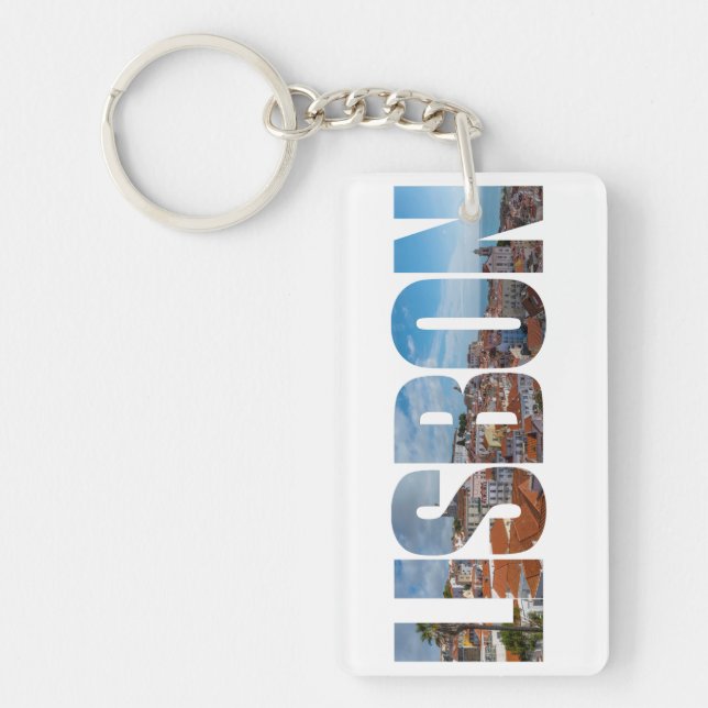 Lisbon text composed of old town panoramic view keychain (Front)