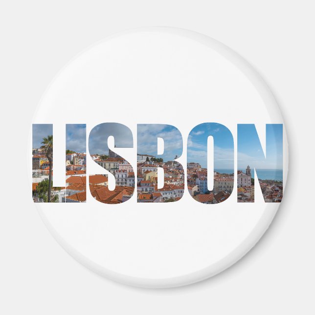 Lisbon text composed of old town panoramic view magnet (Front)