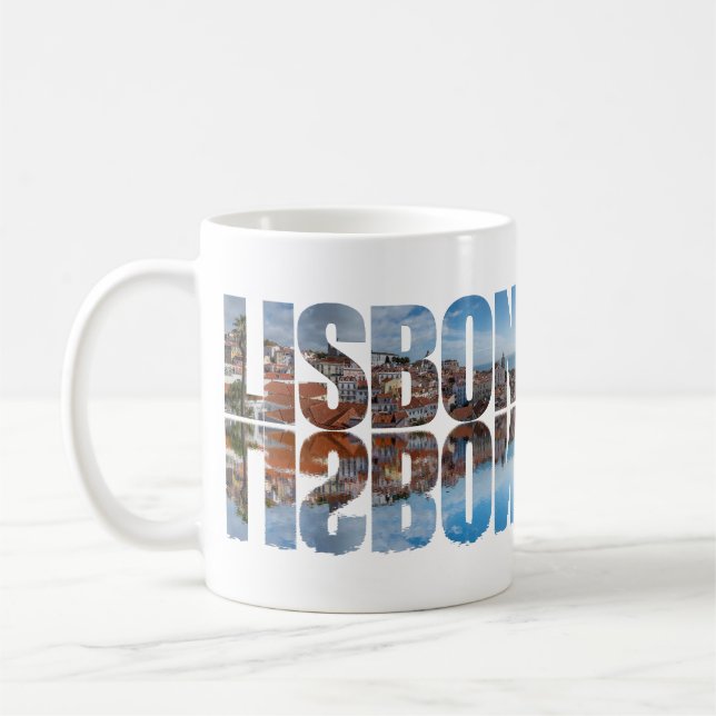 Lisbon text composed old town view with reflection coffee mug (Left)