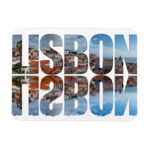 Lisbon text composed old town view with reflection magnet
