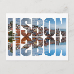 Lisbon text composed old town view with reflection postcard