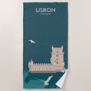 Lisbon Tower of Belem in vintage poster style Beach Towel