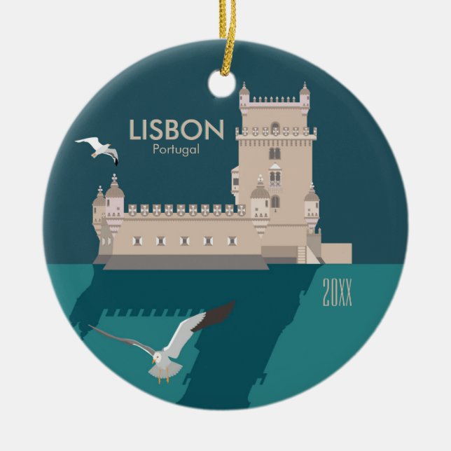 Lisbon Tower of Belem in vintage poster style Ceramic Ornament (Front)