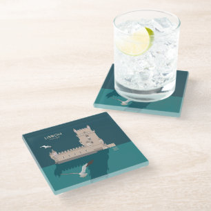 Lisbon Tower of Belem in vintage poster style Glass Coaster