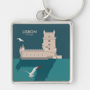 Lisbon Tower of Belem in vintage poster style Keychain