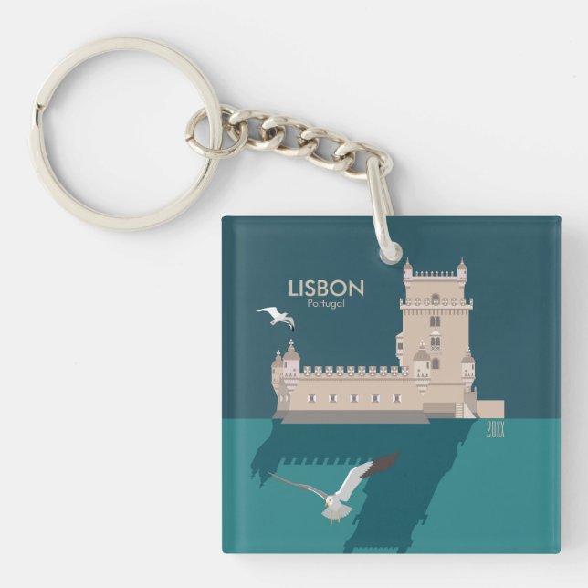 Lisbon Tower of Belem in vintage poster style Keychain (Front)